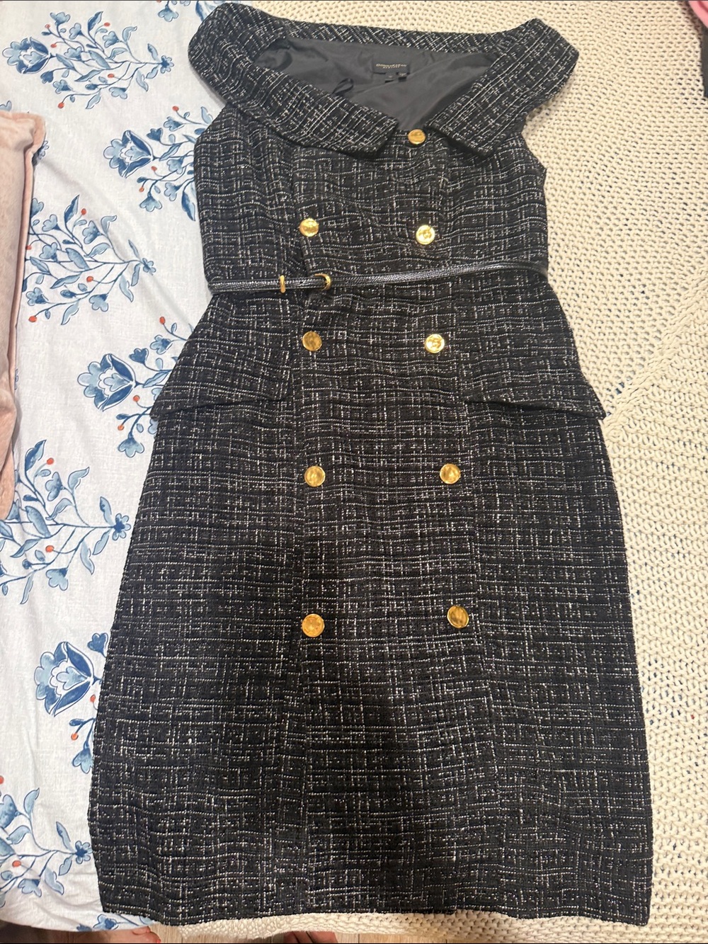 Donna Karan Black Tweed Midi Dress with Gold Buttons